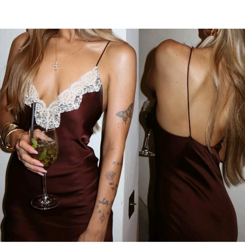 Zara Collection Burgandy Slip Maxi Dress with Lace Trim - Picture 2 of 9